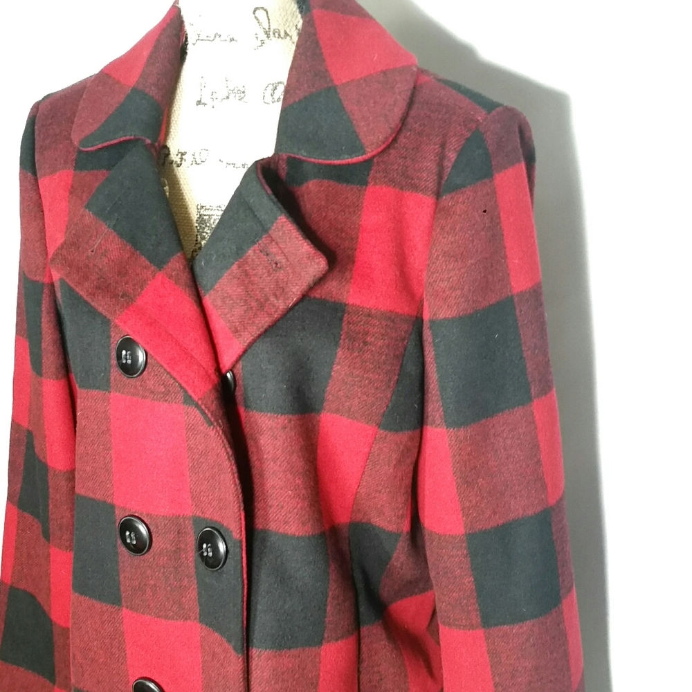 Wool Double Breasted Checkered Coat Black Red